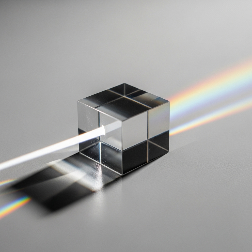 cubo de cristal con luz descomponiendo en colores